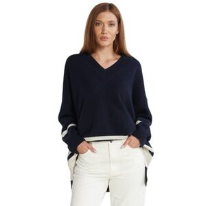 MAXMARA Nuraghe Striped V-Neck Knit Wool Sweater Navy Ivory Size M NEW